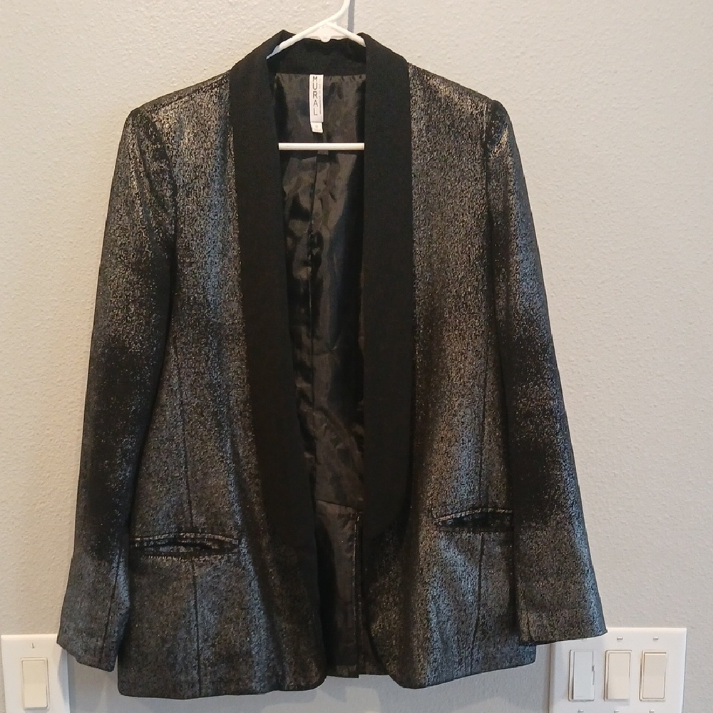 Mural Art Has No Boundries Metallic Silver Gliter Black Collar Blazer Y2k Office